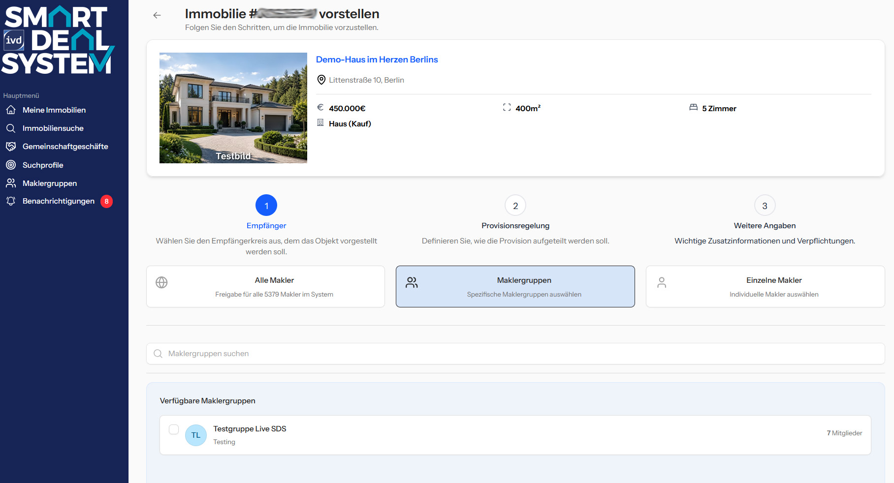 Smart Deal System: Immobilie vorstellen – Empfängerkreis auswählen
